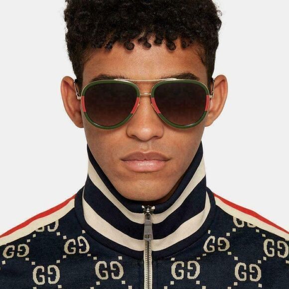 BRAND NEW GUCCI Unisex GG0062S 003 Gold Gold Green Sunglasses - Picture 13 of 15